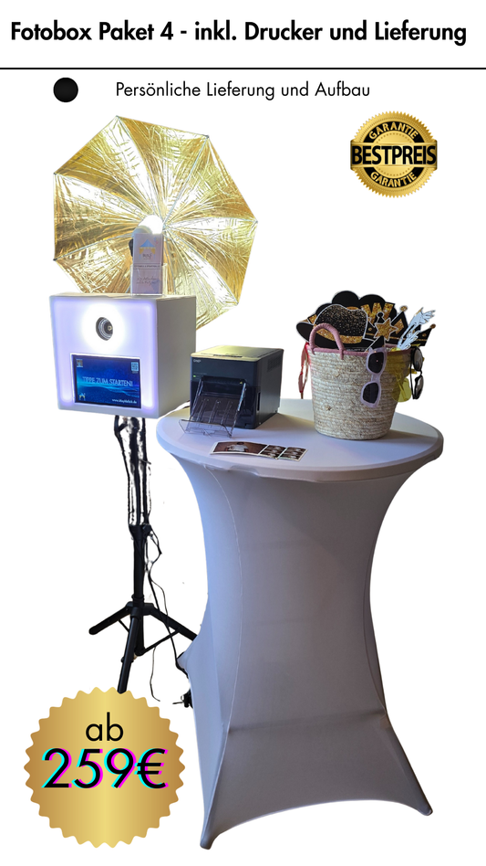 Fotobox - Paket 4 (Inkl. Drucker + Hintergrund Leinwand + Lieferung und Aufbau)